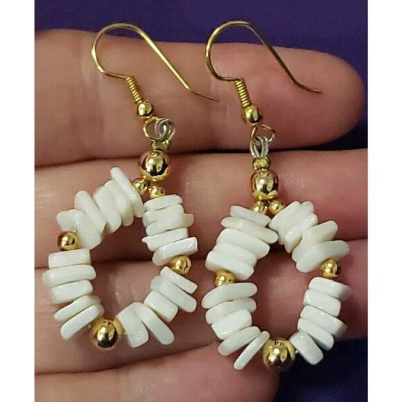 Shell Chip Dangle Hoop Earrings, Bright White Polished Smooth, Gold Tone Accents - Picture 5 of 9